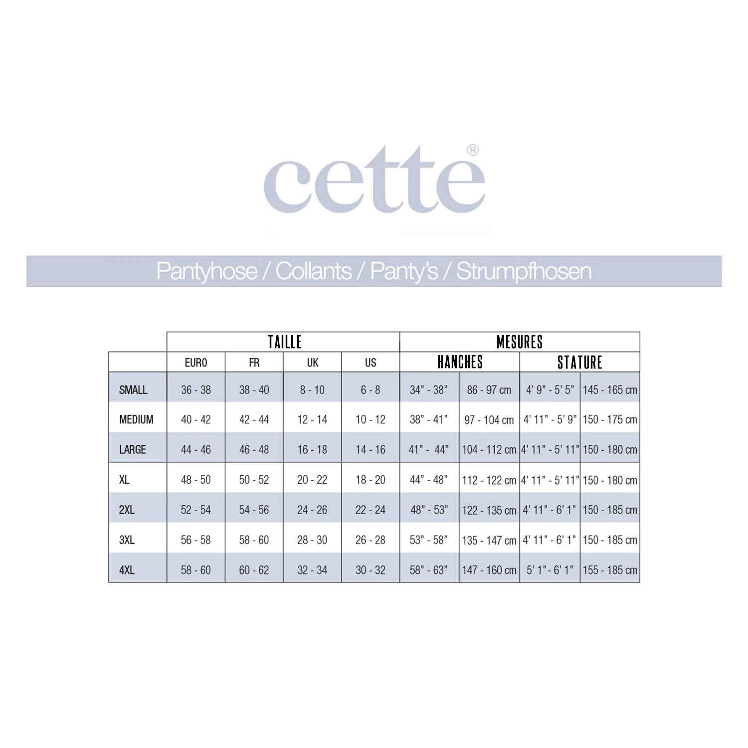 Guide des tailles pour collants Cette